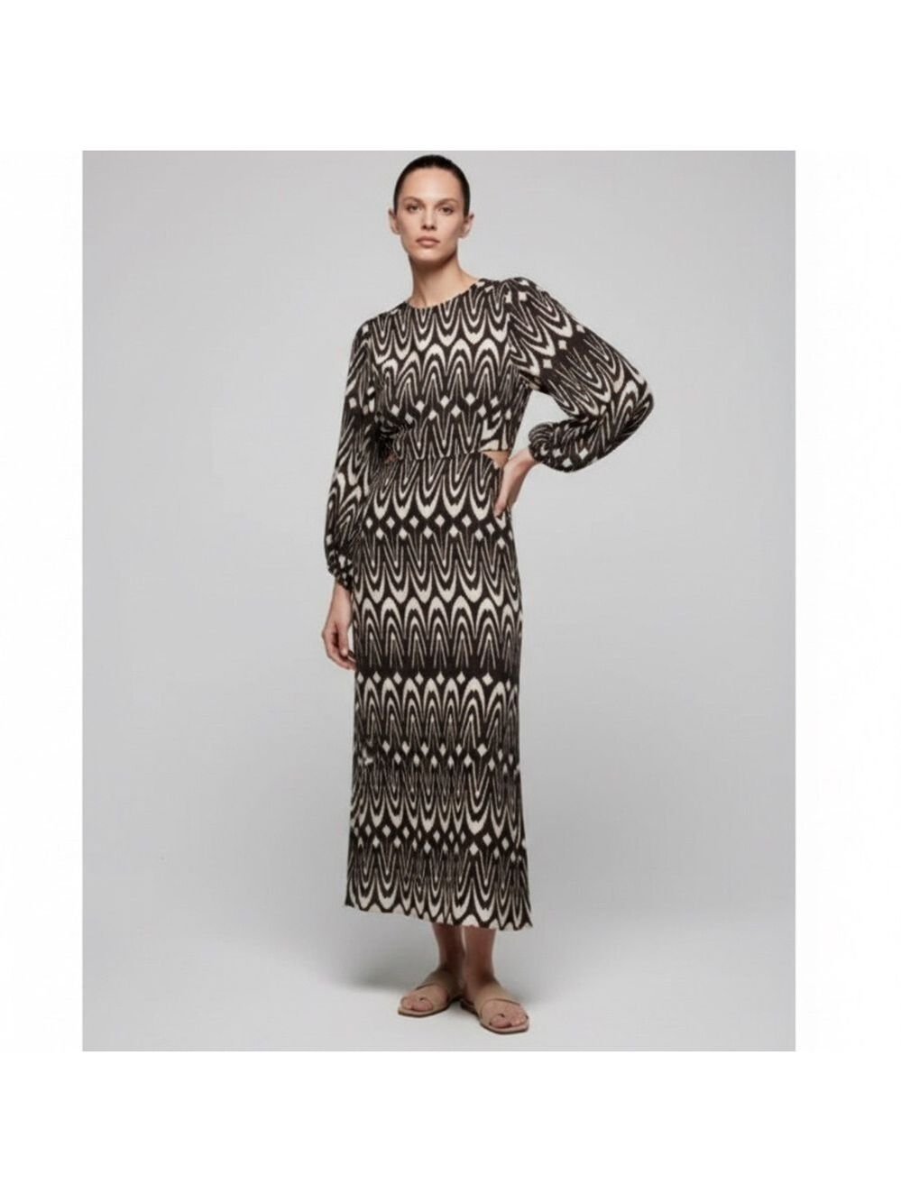 Zara Printed Midriff Cutout Brown Cream Ikat Tribal Puff Sleeve Maxi Dress Sz S
